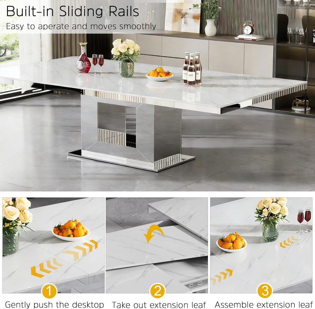 94 in Large Extendable Dining Table for 6 8 10, White Marble Pattern Top & Silver Mirrored Base, 3 Position Expansion 63" to 94", Modern Luxury Expandable Dining Room Table for Dinner Family Gathering