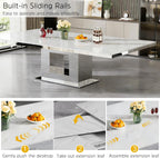 94 in Large Extendable Dining Table for 6 8 10, White Marble Pattern Top & Silver Mirrored Base, 3 Position Expansion 63" to 94", Modern Luxury Expandable Dining Room Table for Dinner Family Gathering