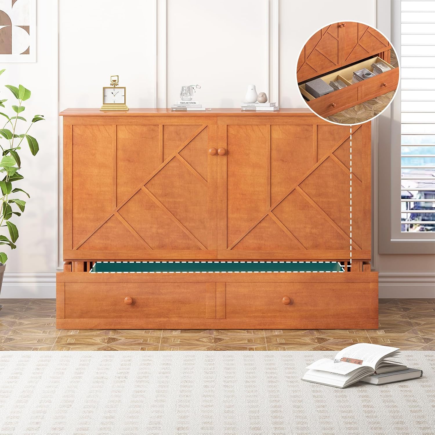 BALUS Murphy Bed Queen Size with Mattress, Queen Murphy Cabinet Bed-Cherry | Tri-Fold Mattress, USB Charing Station, Spacious Drawer, Space Saving, Queen Bed Frame