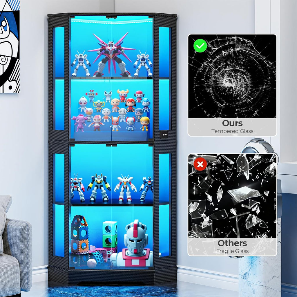 IRONCK 71" Carbon Fiber Corner Glass Display Cabinet, RGB LED Lights with Remote & APP Control, Human Body Sensor, 4-Tier Tempered Glass Display Case with 2 Adjustable Shelves for Collectibles, Black