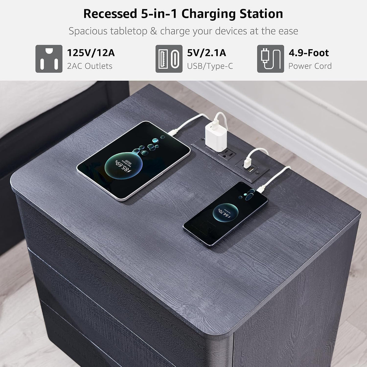 JXQTLINGMU 22" Modern Nightstands Set of 2 with Charging Station, Large Push-to-Open End Table, Wood Bedside Table, Curved Profile, Handleless 3 Drawer Night Stand for Bedroom, Living Room, Black