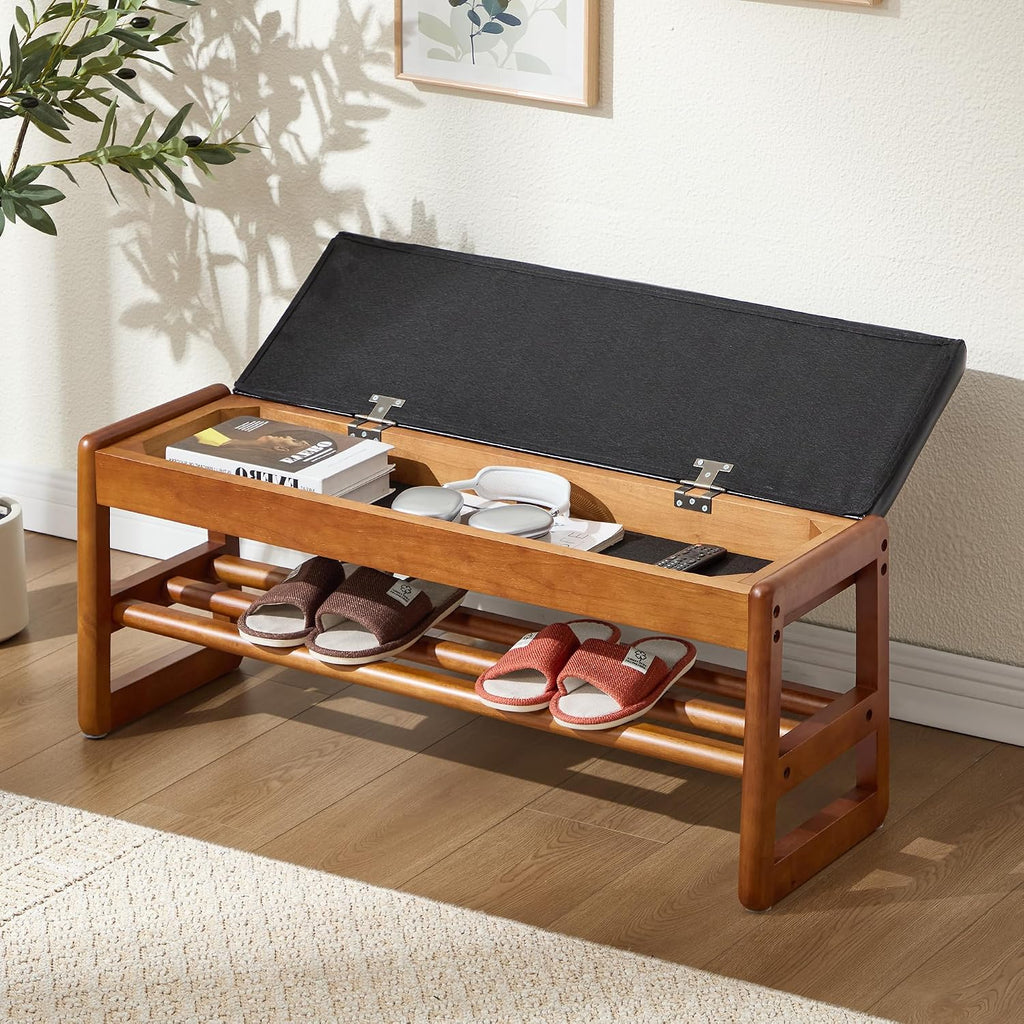 39.3" Shoe Rack Bench,2 Tiers Shoe Bench with Storage,Walnut Storage Bench with Faux Leather Cushion for Entrance Entryway Hallway Walnut PU Black