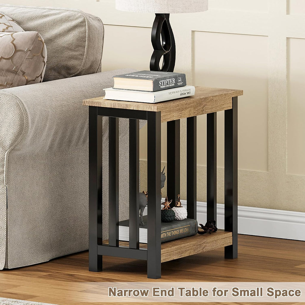 ChooChoo Mission End Tables Set of 2, Narrow Side Tables for Small Spaces, Night Stands with Storage Shelf for Living Room and Bedroom, Rustic Oak & Black