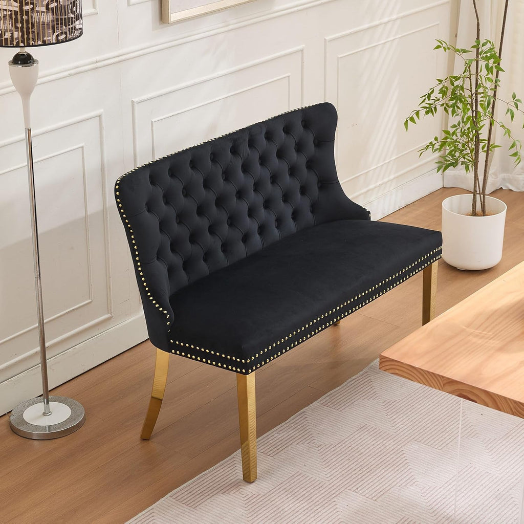 Modern Loveseat Settee Bench Sofa Couch, 46" Dining Bench with Wing Back,Nailhead Trim,Gold Stainless Steel Legs, Upholstered Banquette Entryway Bench for Dining Living Room Hallway Entryway,Black