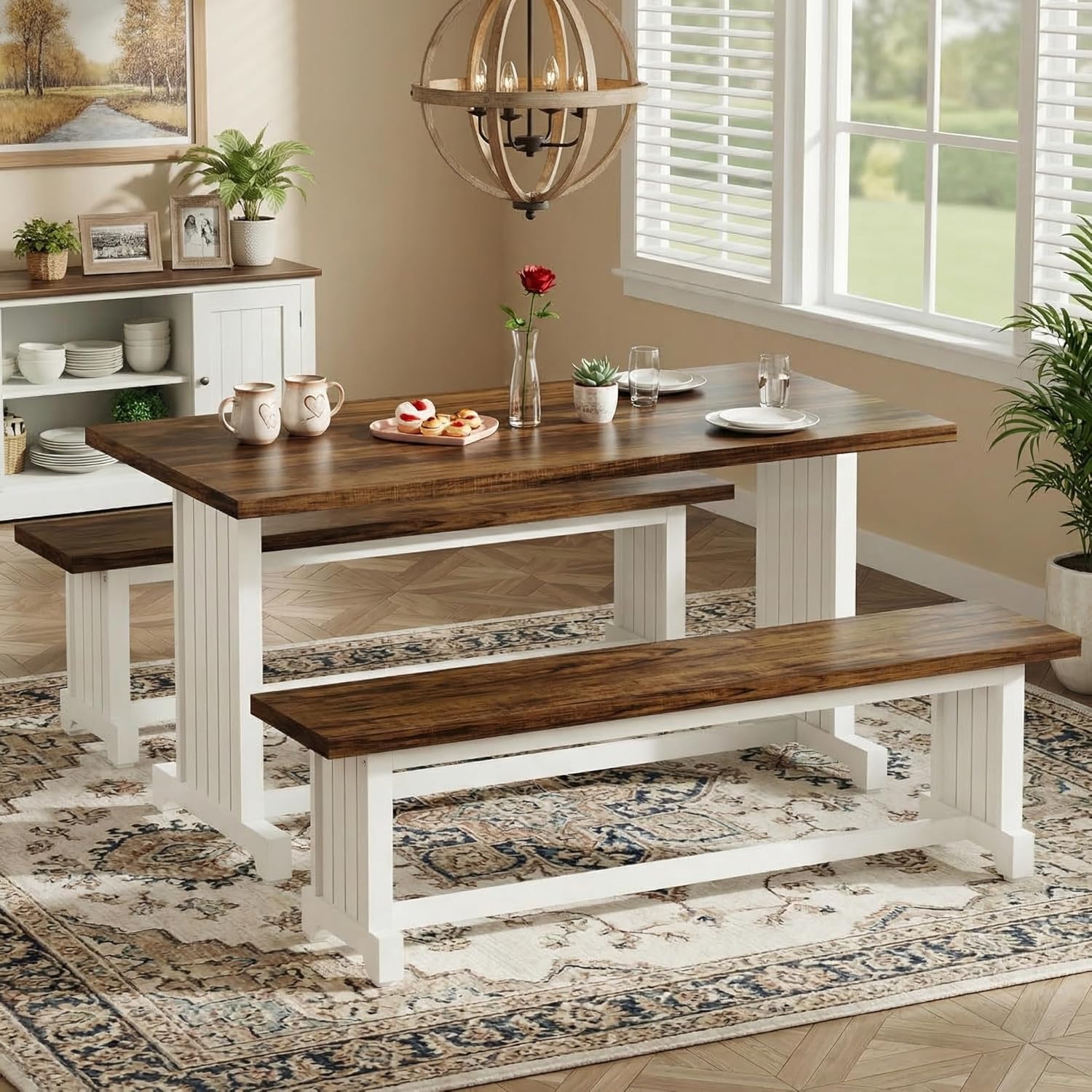 Tribesigns 47" Dining Table Set for 4, 3-Piece Kitchen Room Table with 2 Benches, Farmhouse Wood Dinner Furniture for Small Space, Home Living Room, White & Rustic Brown