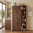 holzart 63" Tall Kitchen Pantry Cabinet, Freestanding Dining Room Storage Hutch with 4 Doors and Adjustable Shelves, Modern Utility Cupboard for Coffee Bar and Microwave, Brown