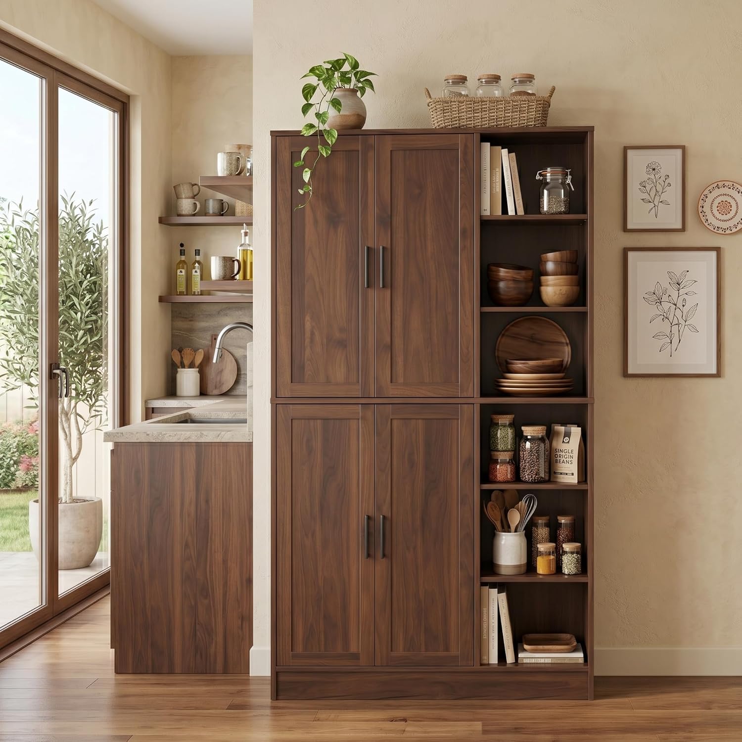 holzart 63" Tall Kitchen Pantry Cabinet, Freestanding Dining Room Storage Hutch with 4 Doors and Adjustable Shelves, Modern Utility Cupboard for Coffee Bar and Microwave, Brown