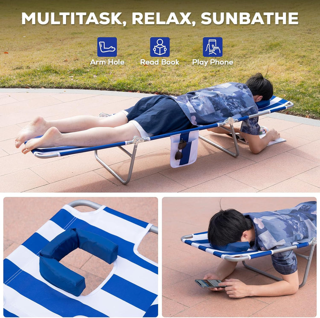 Romswi 2PK Folding Tanning Beach Chair with Face Hole, 5-Position Reclining Sun Lounger, Portable Face Down Tanning Chair with Arm Holes & Side Pocket for Beach, Pool, Patio, Navy and White Stripe