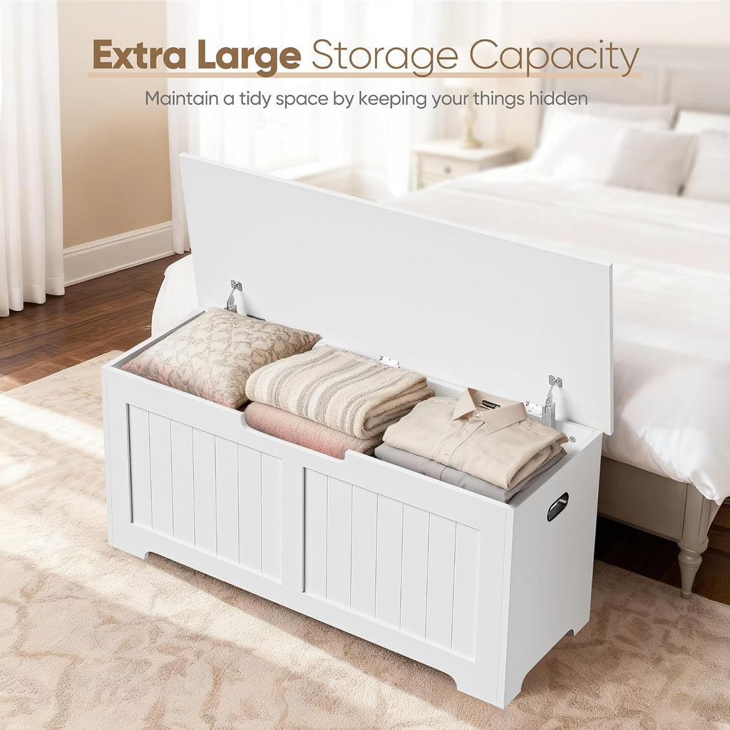 SUPER DEAL Storage Chest, 39 inches Chest Box Organizer with 2 Safety Hinges, Wooden Entryway Shoe Organizer Storage Bench, White