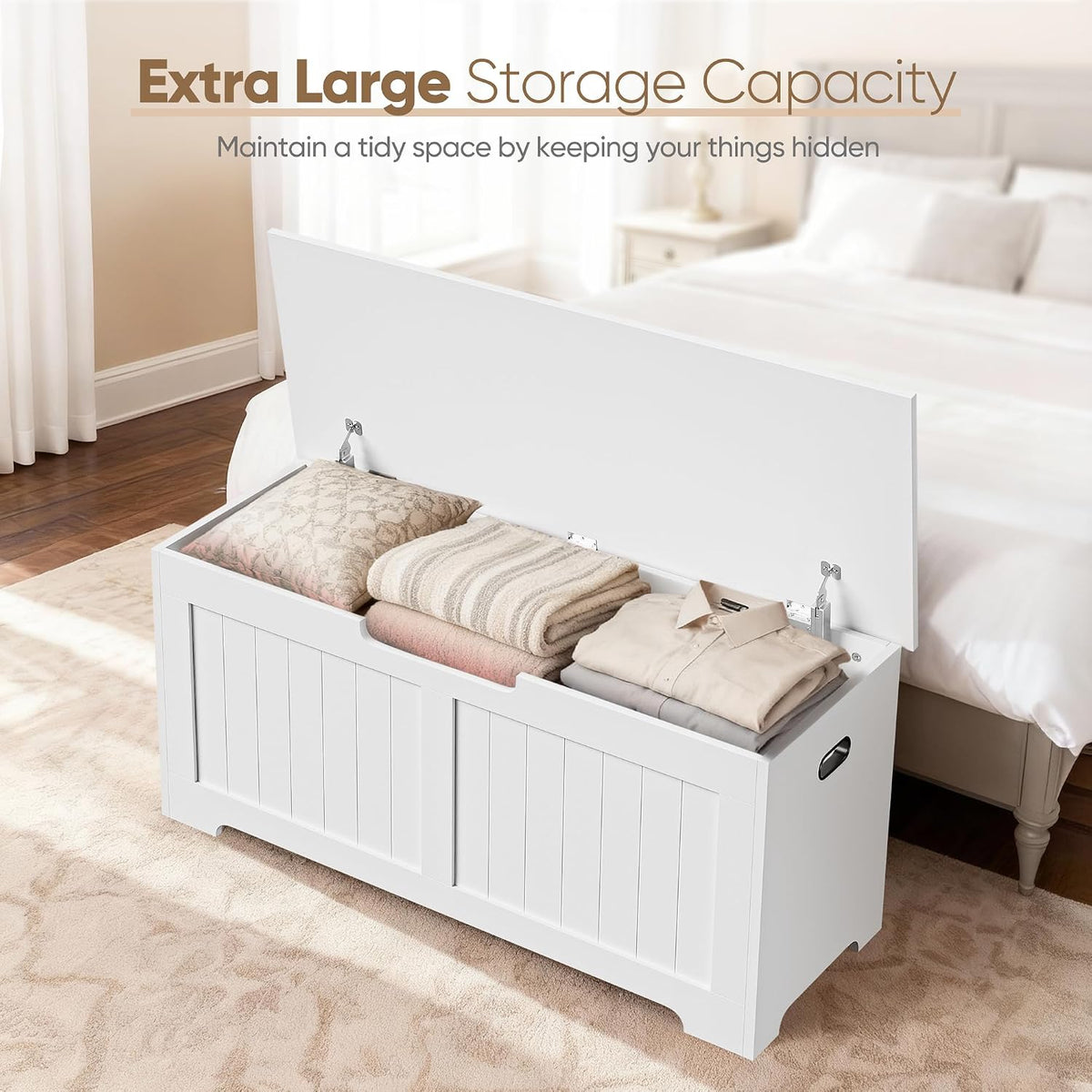 SUPER DEAL Storage Chest, 39 inches Chest Box Organizer with 2 Safety Hinges, Wooden Entryway Shoe Organizer Storage Bench, White