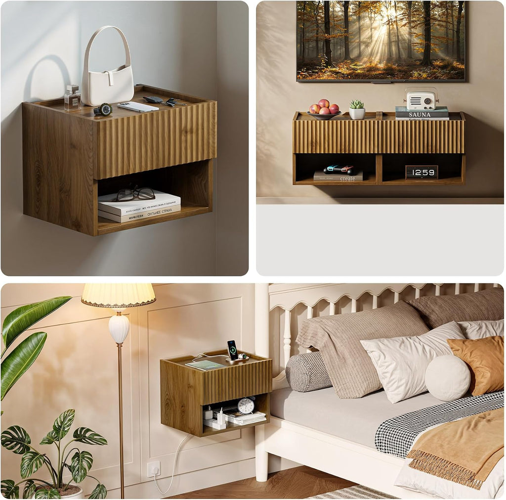 Floating Nightstand Bedroom Bedside Table - Floating Night Stand Set 2 for Small Spaces, Wall Mounted Cabinet with Storage Drawer, Brown Modern Night Stand for Dorm Hallway Entryway