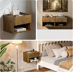 Floating Nightstand Bedroom Bedside Table - Floating Night Stand Set 2 for Small Spaces, Wall Mounted Cabinet with Storage Drawer, Brown Modern Night Stand for Dorm Hallway Entryway
