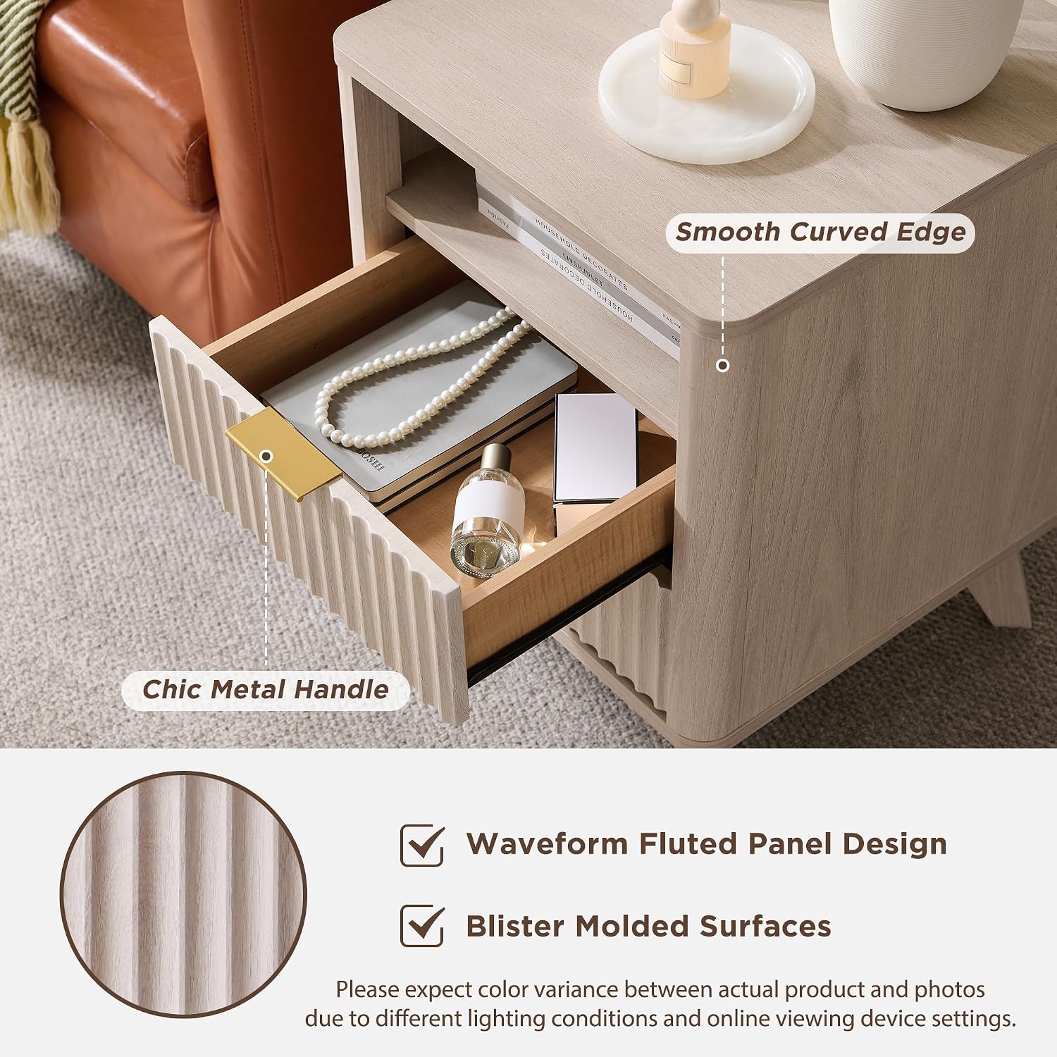 T4TREAM 18" Fluted Nightstand with 2 Drawers Set of 2, White Alder | Charging Station, Open Cubby, Mid Century Modern, Curved Profile, Metal Handles, Smooth Slides, Cable Cutout, Living Room