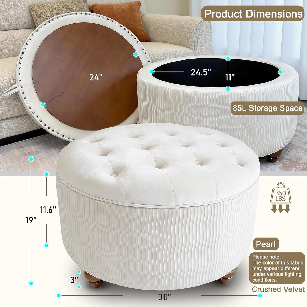 modscape 30 inch Round Storage Ottoman Coffee Table with Lift Off Lid | Modern upholstered ottoman perfect for coffee table, footrest,extra seat. Large hidden storage for living room, bedroom