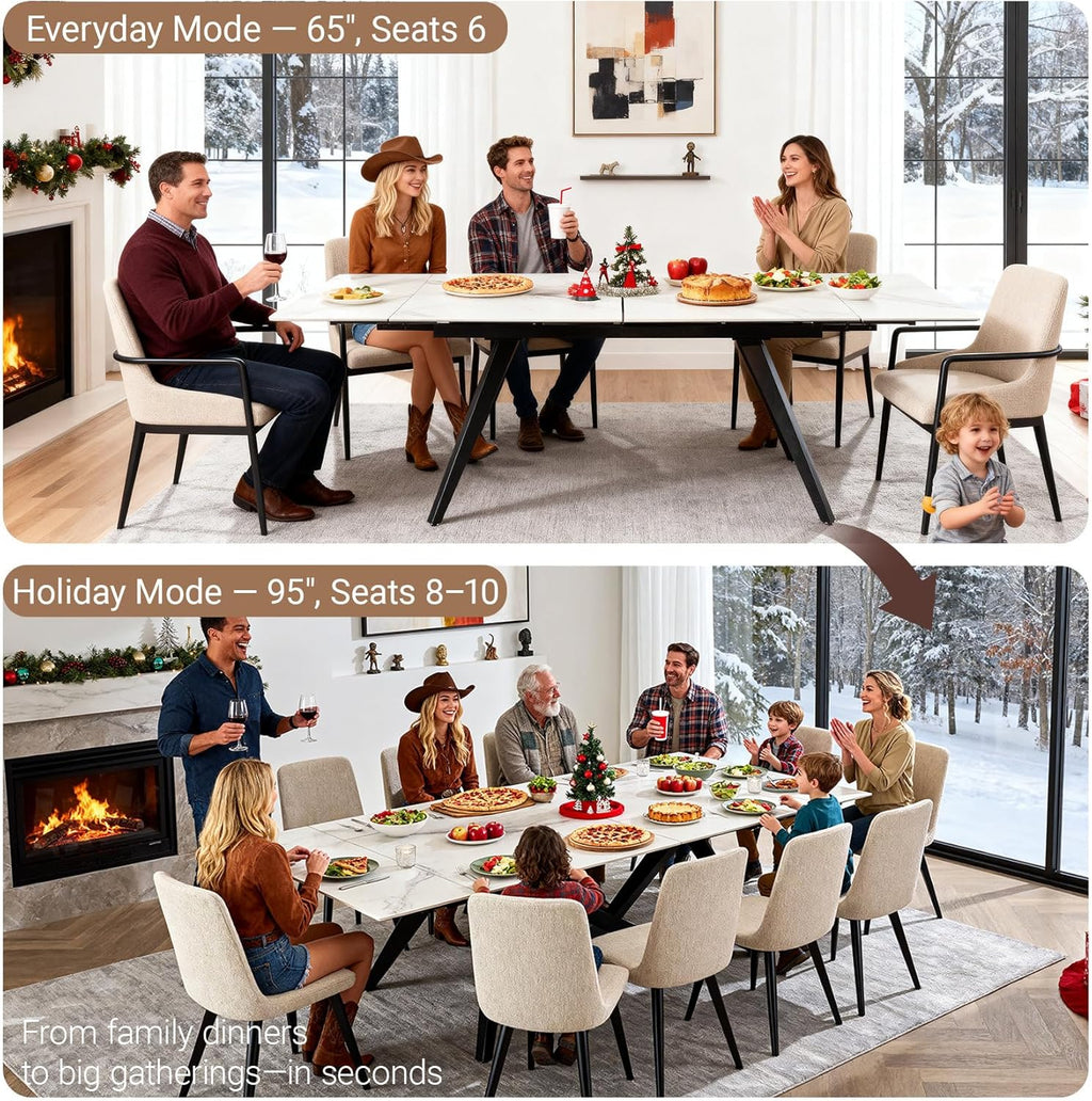 Extendable Dining Table with Leaf, 78"-110" Rectangular Sintered Stone, Marble-Look Top, Seats 6-14, Metal Base, Easy-Clean, Heat & Scratch Resistant, Dining Room/Kitchen Table for Family Gatherings