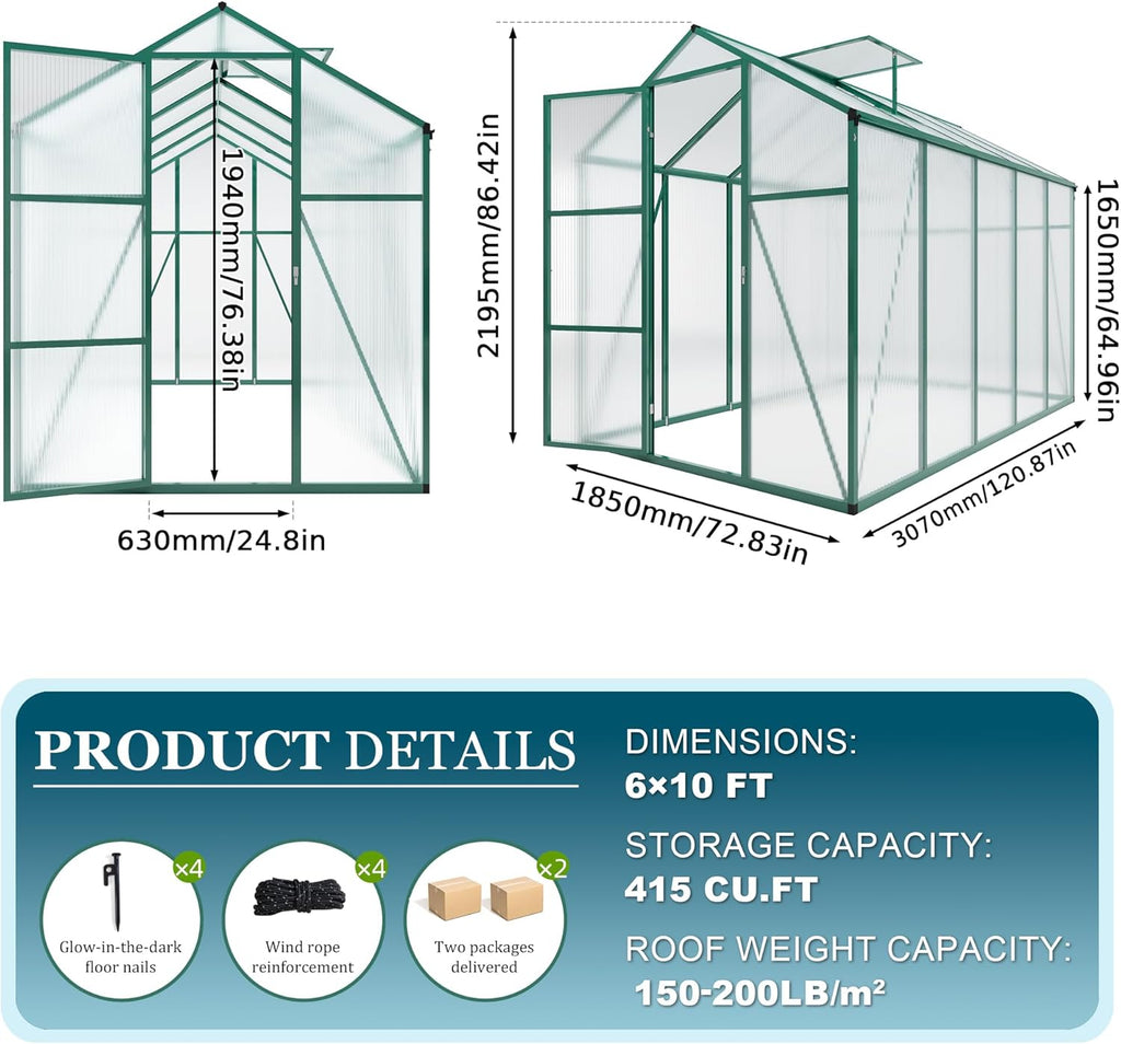 86in High 6*10.2FT Greenhouse for Outdoors, Polycarbonate Greenhouse with Stronger Wind Protection and Roof Vent, Walk-in Large Aluminum Sunroom Winter Proof, Green