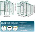 86in High 6*10.2FT Greenhouse for Outdoors, Polycarbonate Greenhouse with Stronger Wind Protection and Roof Vent, Walk-in Large Aluminum Sunroom Winter Proof, Green
