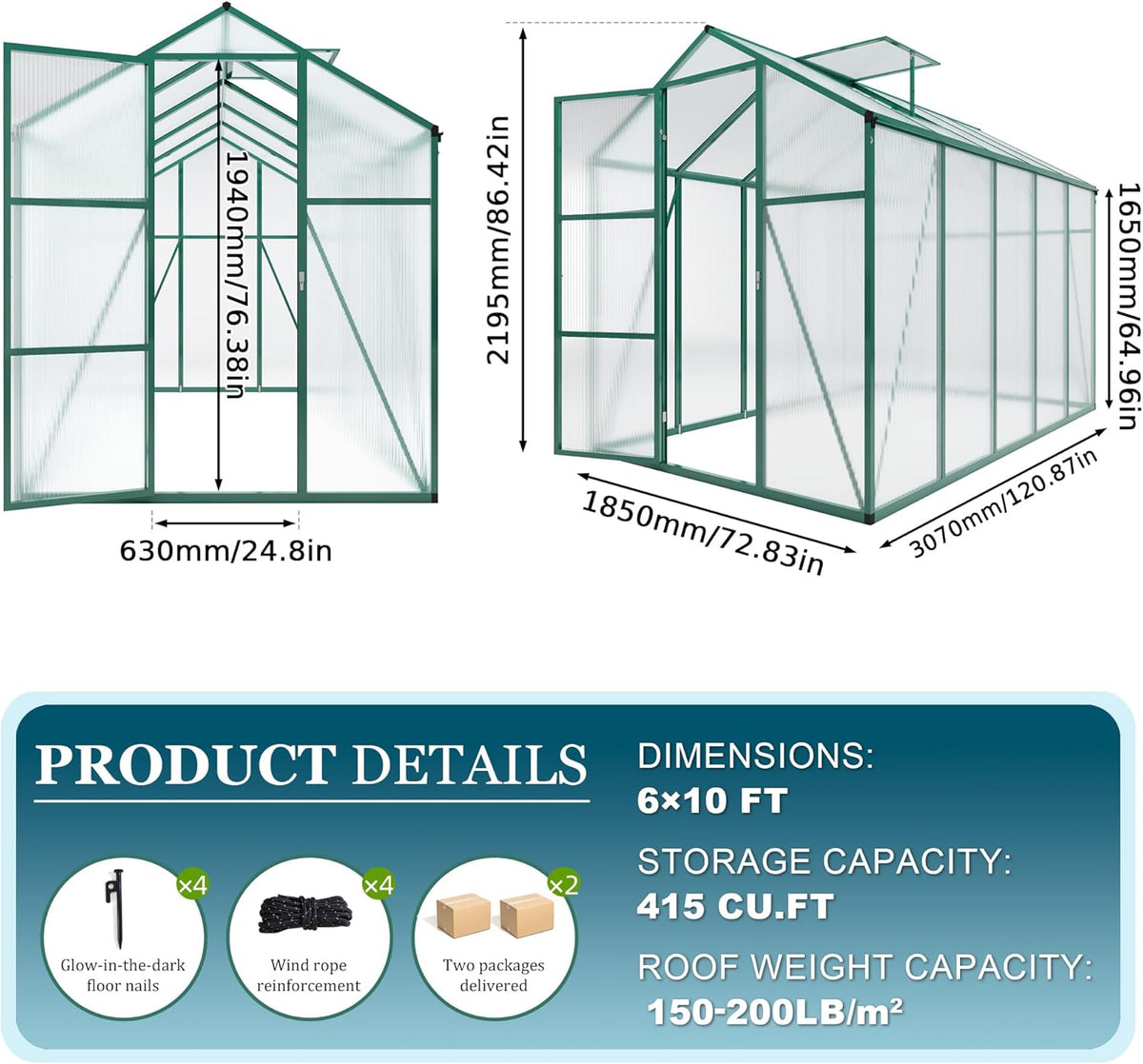 86in High 6*10.2FT Greenhouse for Outdoors, Polycarbonate Greenhouse with Stronger Wind Protection and Roof Vent, Walk-in Large Aluminum Sunroom Winter Proof, Green