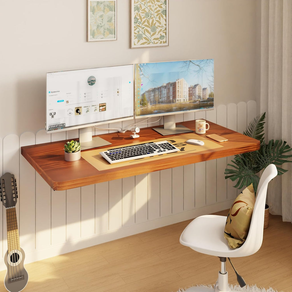 IAE Floating Wall Mounted Folding Table Desk with Pine Wood,36" x 22" Folding Workbench,Fold Down wall Mounted Foldable Table with Shelf Brackets,Laundry Folding Table for Apartment,Home,Kitchen,Teak