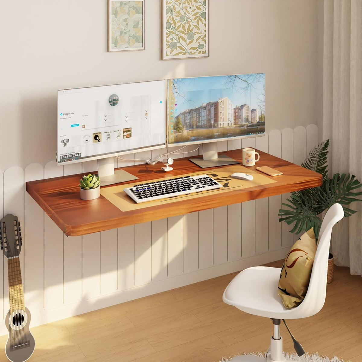 IAE Floating Wall Mounted Folding Table Desk with Pine Wood,36" x 22" Folding Workbench,Fold Down wall Mounted Foldable Table with Shelf Brackets,Laundry Folding Table for Apartment,Home,Kitchen,Teak