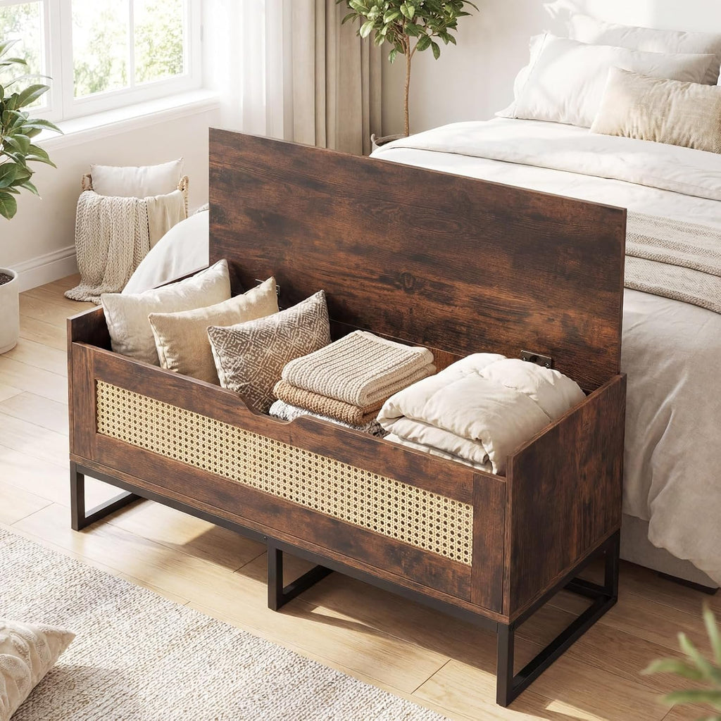 Giantex Rattan Shoe Bench, Flip-Top Entryway Bench with Removable Padded Seat & Hidden Storage, Wooden Shoe Storage Chest with Metal Legs for Bedroom, Hallway, 440 lbs Max Load (Rustic Brown & Black)