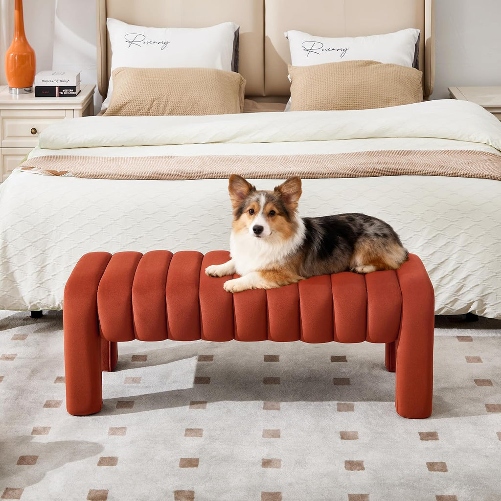 63’’ Bench for Dining Table, Upholstered End of Bed Bench with Solid Wood Legs, Modern Small Entryway Bench with Full Covered Fabrics for Bedroom, Kitchen, Living Room (Rust, Velvet)