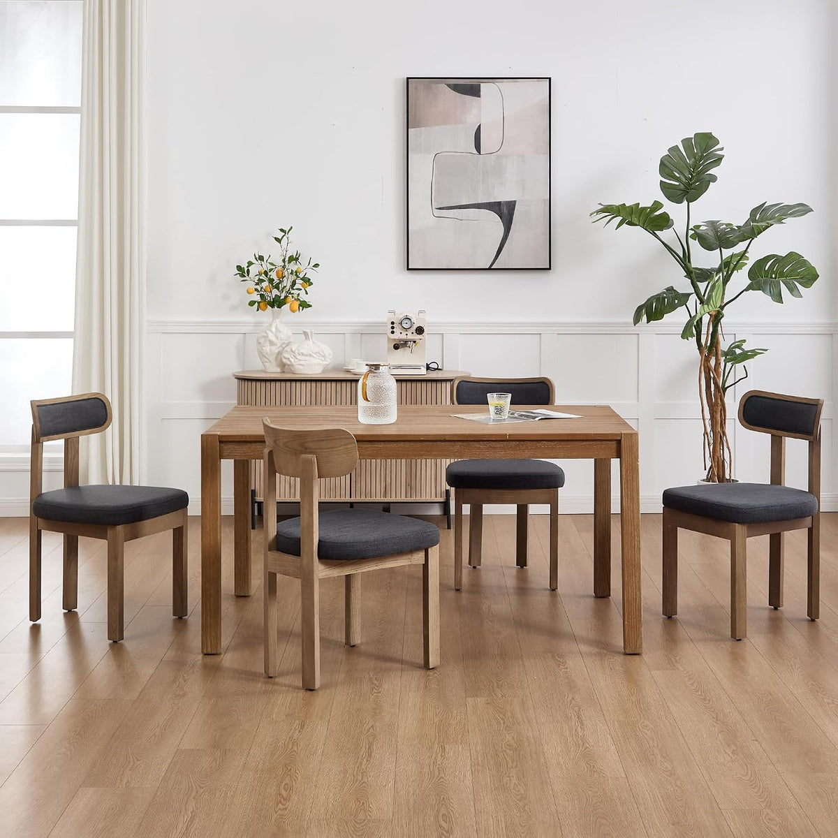 Linen Dining Chairs Set of 4, Mid Century Modern Upholstered Dining Room Chairs with Curved Back, Armless Kitchen Chairs for Living Room/Restaurant/Balcony/Bedroom/Home Desk/Task, Grey
