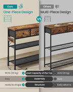 SONGMICS Console Table with Charging Station, Narrow Sofa Table with LED Lighting, for Entryway, Living Room, 11.8 x 30.2 x 31 Inches, 2 Fabric Drawers, Rustic Brown, BELLAH Collection ULGS175K101