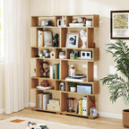 GIANTEX 6-Tier Geometric Bookshelves Set of 2, S-Shaped Bookcase with 2 Anti-Tipping Kits, Wooden Display Shelf, Decorative Storage Shelving Unit, Home Storage Organizer for Living Room, Natural
