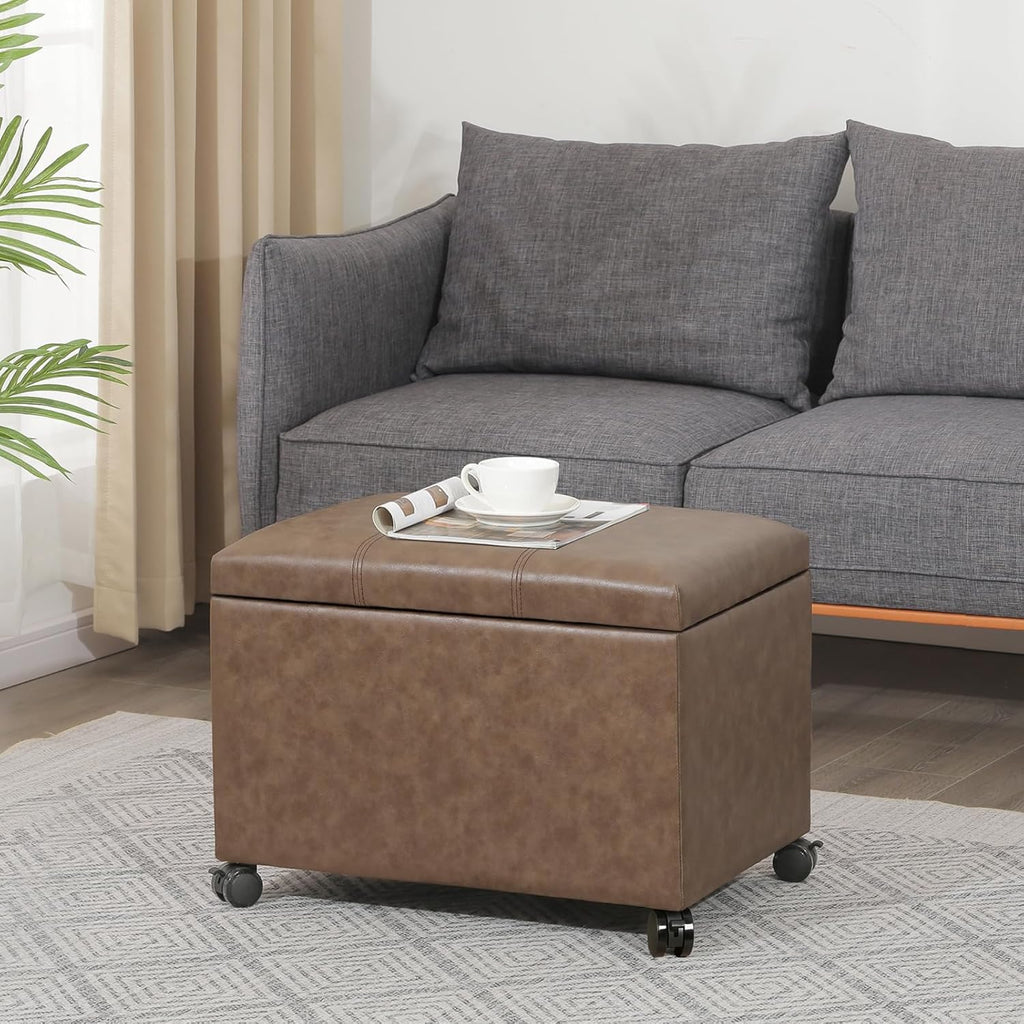 Asense 24-inch Rolling Storage Ottoman Bench, Upholstered Faux Leather Footrest with Wheels,Safety Hinge,Small Entryway Bench with Storage for Living Room, Bedroom,Brown