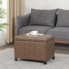 Asense 24-inch Rolling Storage Ottoman Bench, Upholstered Faux Leather Footrest with Wheels,Safety Hinge,Small Entryway Bench with Storage for Living Room, Bedroom,Brown