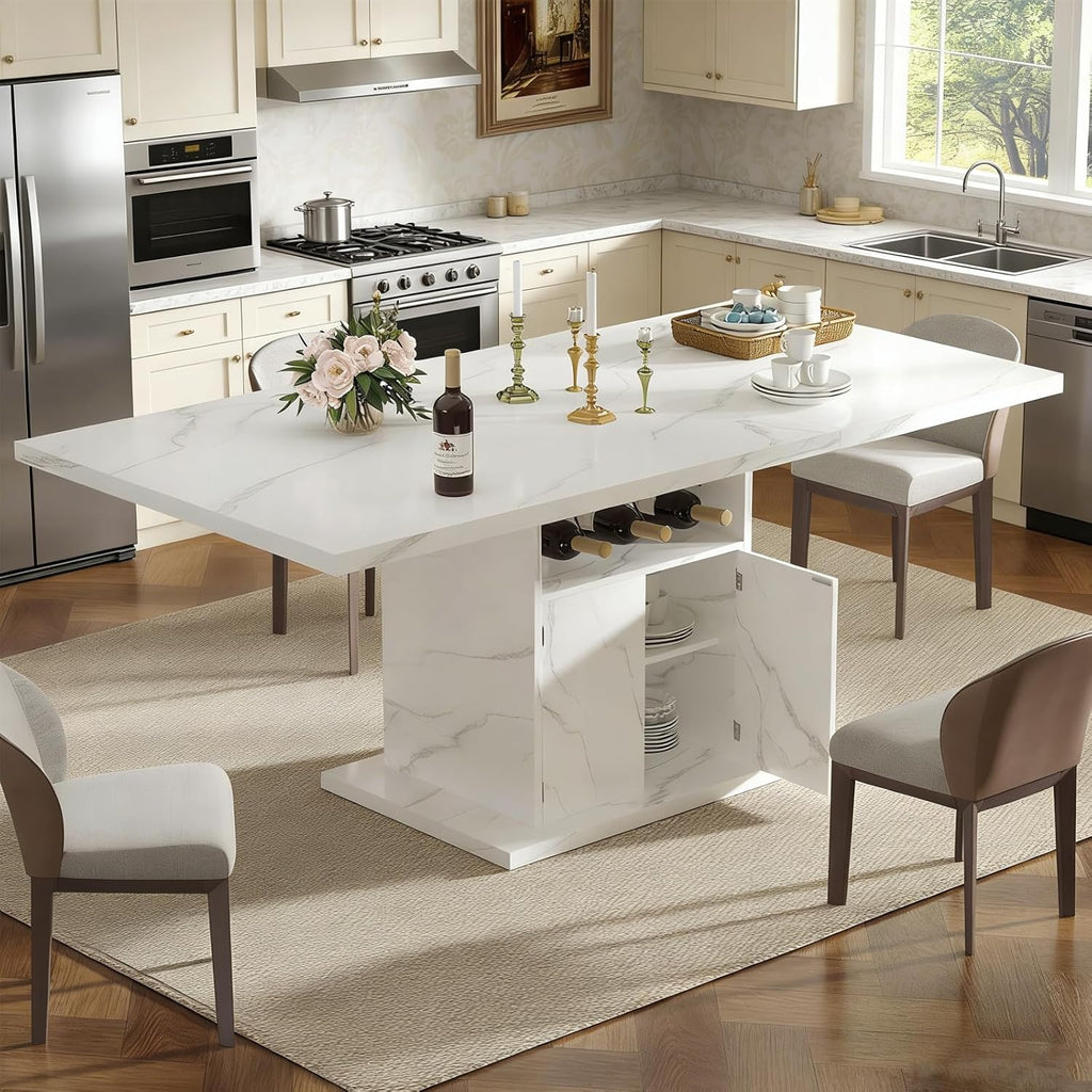 Extendable Dining Table for 4-6, 47-63in Expandable Kitchen Rectangle Dining Table with Removable Leaves, Modern Faux Marble Kitchen Table with Storage for Kitchen Living Room, White Faux Marble