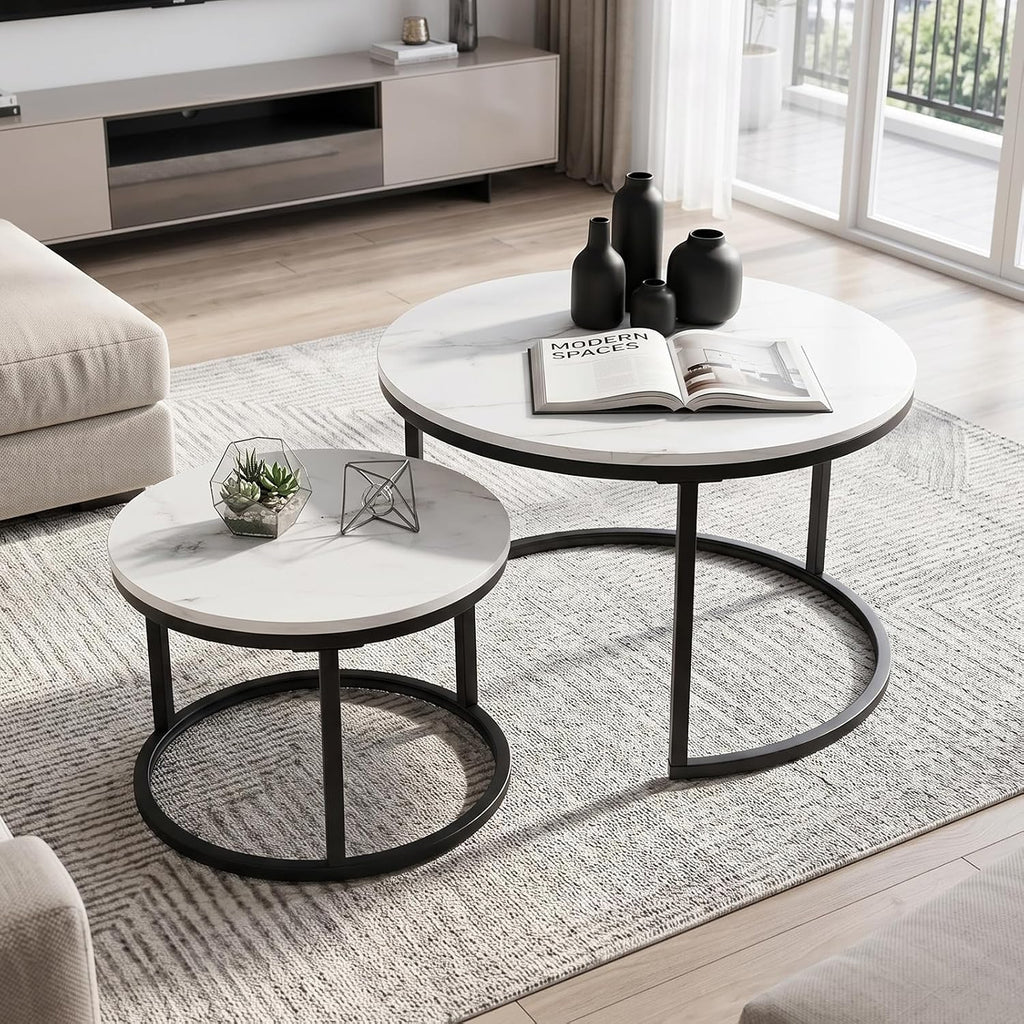 Nesting Coffee Table White Marble Pattern Wooden with Black Frame | 31.49" Round Coffee Tables for Living Room, Waiting Room, Apartment, Office, Balcony, Set of 2