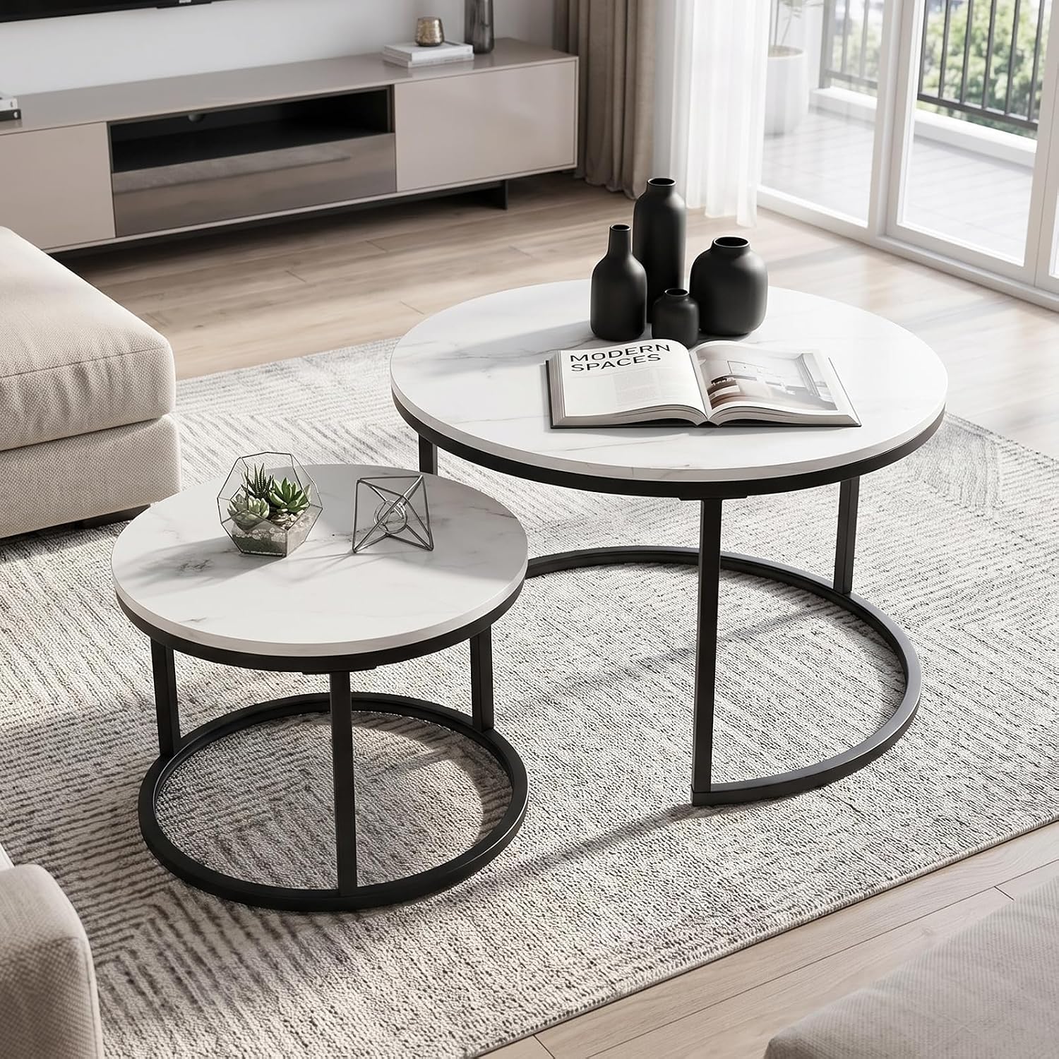Nesting Coffee Table White Marble Pattern Wooden with Black Frame | 31.49" Round Coffee Tables for Living Room, Waiting Room, Apartment, Office, Balcony, Set of 2