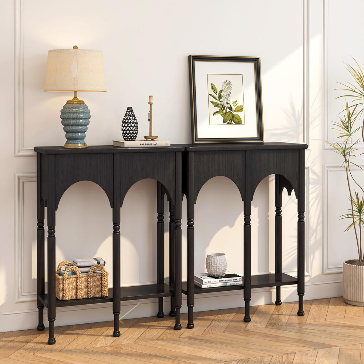 Console Table with Storage Shelf Set of 2, Retro Modern 2-Tier Entryway Table, Narrow Sofa Table with Roman-Style Legs for Living Room, Hallway, Black