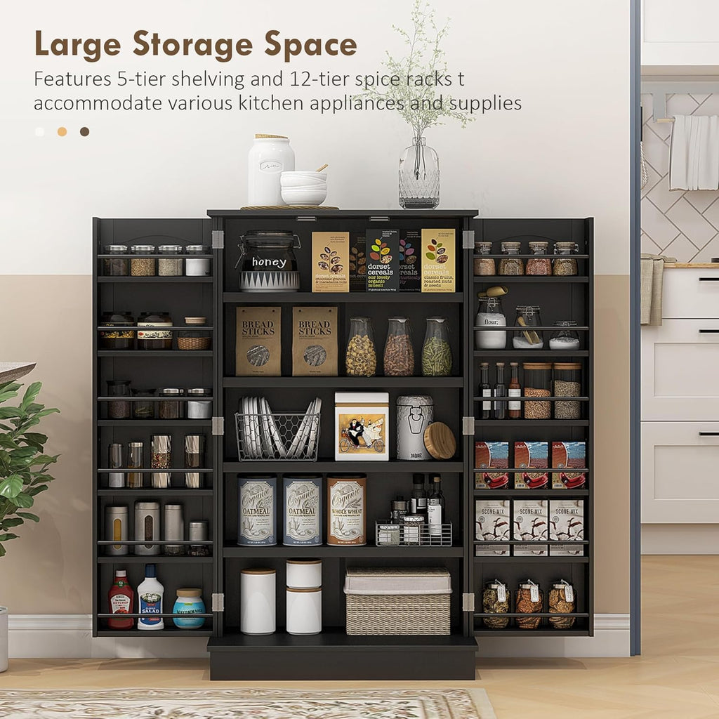 HOMCOM 41" Kitchen Pantry Storage Cabinet, Freestanding Kitchen Cabinet with 12 Door Shelves, Double Doors, 5-Tier Shelving and Adjustable Shelves, Black