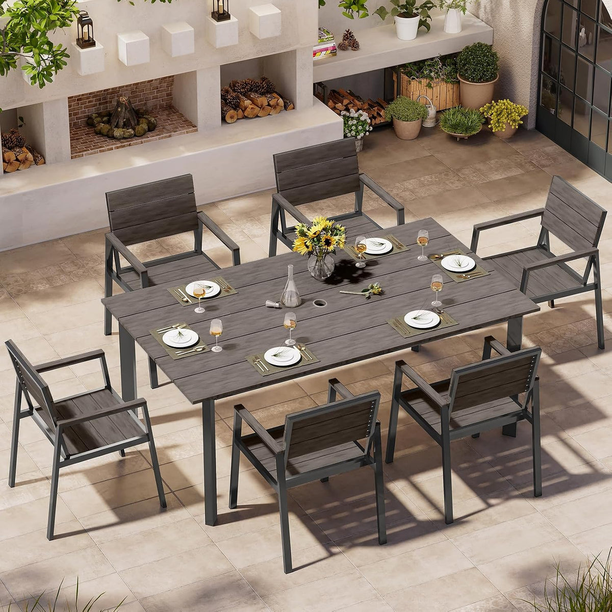 Outdoor Dining Set for 6, Patio Table and Chairs Set with Umbrella Hole, 7 Pieces HDPS + Aluminum Outdoor Furniture Sets for Patio, Garden (Charcoal)