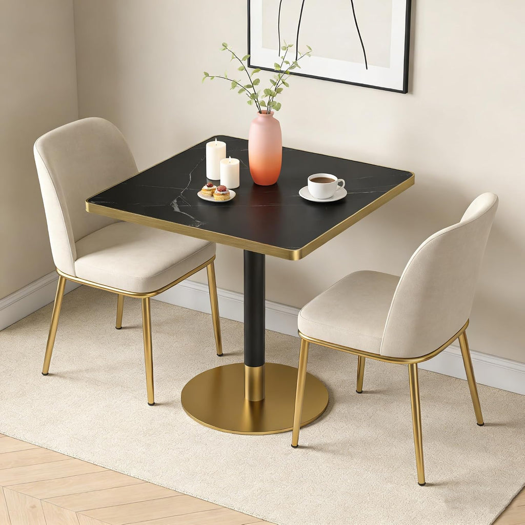 SSLine Square Dining Table for 2 Modern Luxury Marble Sintered Stone Kitchen Table for 2-4, Small 31.5" Bistro Tulip Table with Faux Marble Top and Gold Metal Pedestal Base