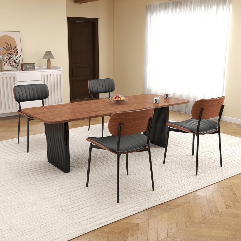 Modern Dining Chairs Set of 2,Upholstered PU Leather Kitchen Chairs,Black | Mid Century Walnut Bentwood Back and Metal Legs for Kitchen Dining Room Living Room