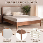 SOFTSEA Solid Wood Queen Bed Frame with Upholstered Headboard, Mid Century Modern Platform Bed Queen Size with Tapered Legs, Walnut