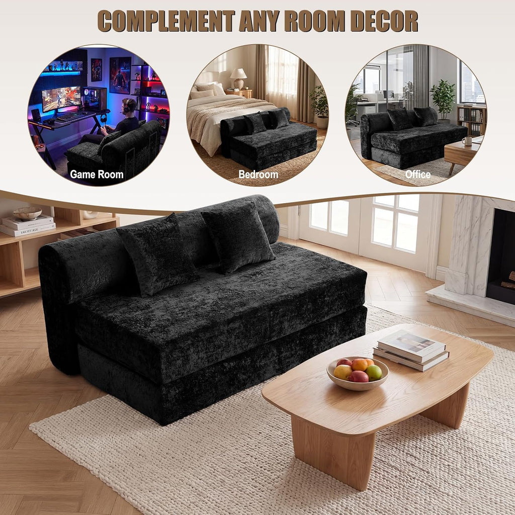 59" Convertible Sofa Bed with High Backrest & Washable Cover, Compression Couch in a Box, Sectional Loveseat Floor Sleeper Sofa for Bedroom, Living Room, BlackFleece