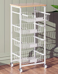 OKZEST 5-Tier Kitchen Storage Cart with 4 Upgraded Drawer Basket & Wood Top | Mobile fruit basket stand with 4 PE liners, Rolling kitchen pantry organizers, Holds potato, onion, drink, can, snack, veggie