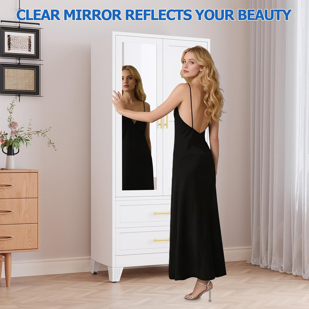 GAIOUS Steel Armoire Wardrobe Closet with Mirror and 2 Drawers 71" White | Clothes Storage Cabinets with 2 Doors, 1 Adjustable Shelf, Metal Wardrobe Cabinet with Hanging Rod for Bedroom, Gym, Cloak