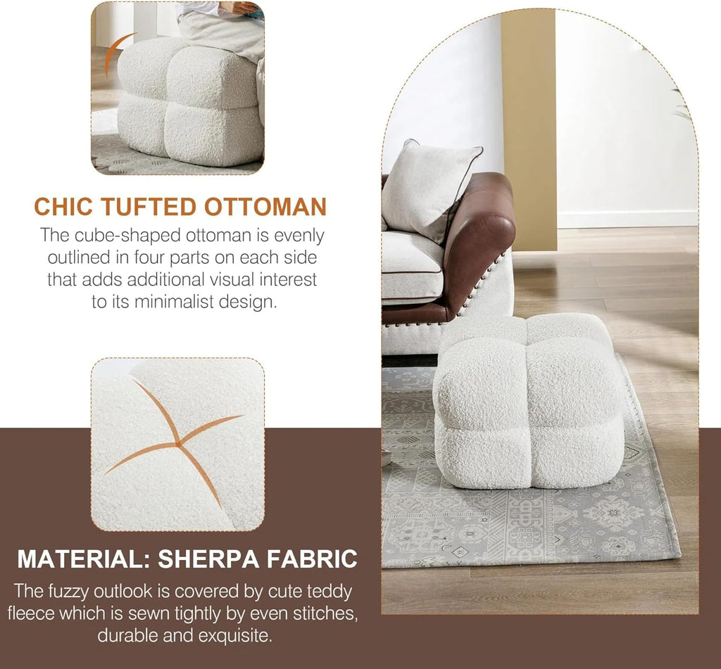 Zesthouse Square Pouf Ottomans Set of 2, Modern Backless Vanity Stool for Bedroom, White Fuzzy Foot Rest for Couch, Upholstered Tufted Footstool, Sherpa Fabric Ottoman Coffee Table for Living Room