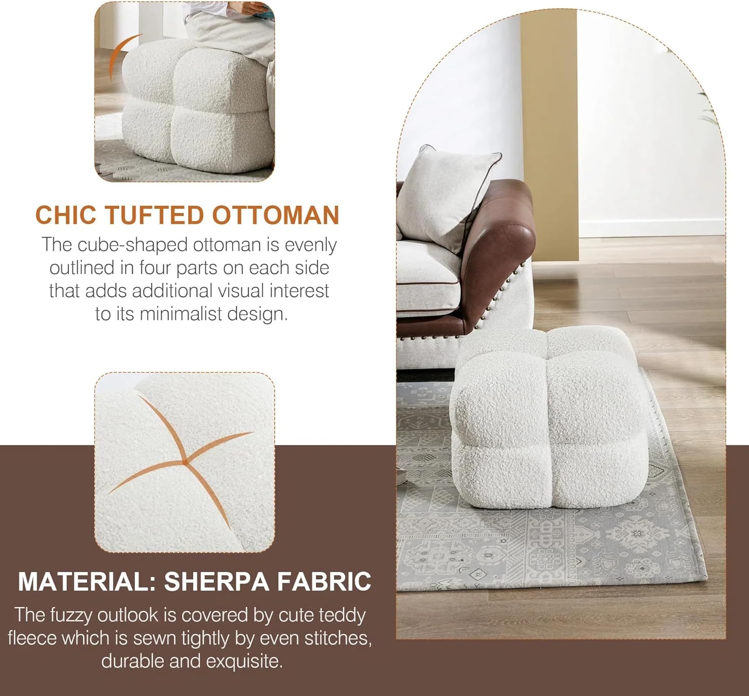 Zesthouse Square Pouf Ottomans Set of 2, Modern Backless Vanity Stool for Bedroom, White Fuzzy Foot Rest for Couch, Upholstered Tufted Footstool, Sherpa Fabric Ottoman Coffee Table for Living Room