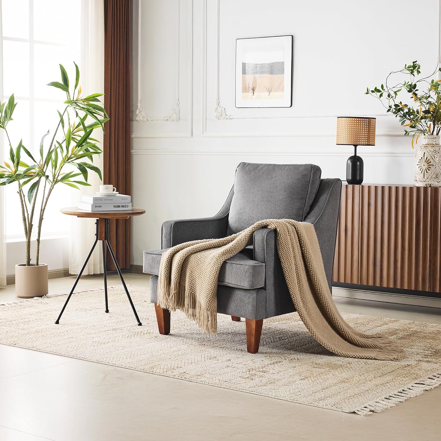 VINGLI Mid-Century Modern Accent Chair, Light Grey Upholstered Armchair Comfy Sofa Chair Reading Chair High Back for Living Room Bedroom Furniture Apartment