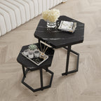 Hexagon Nesting Side Tables Set of 2, Black Marble | Space-saving hexagon nesting side tables set of 2, sturdy metal frame, waterproof MDF top, for living room bedroom