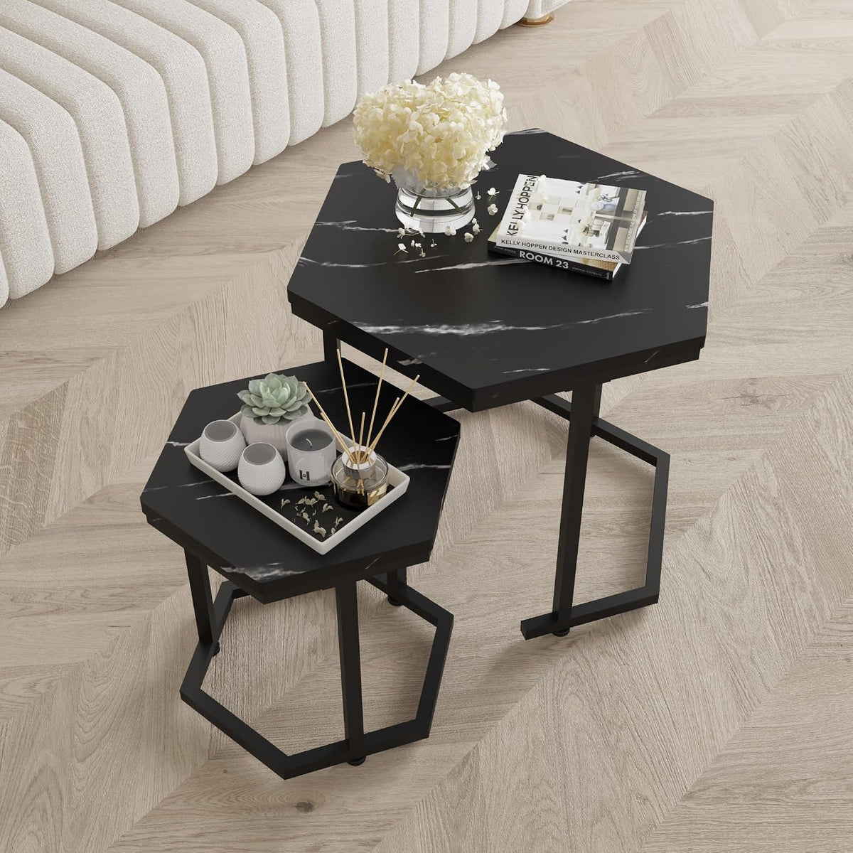 Hexagon Nesting Side Tables Set of 2, Black Marble | Space-saving hexagon nesting side tables set of 2, sturdy metal frame, waterproof MDF top, for living room bedroom