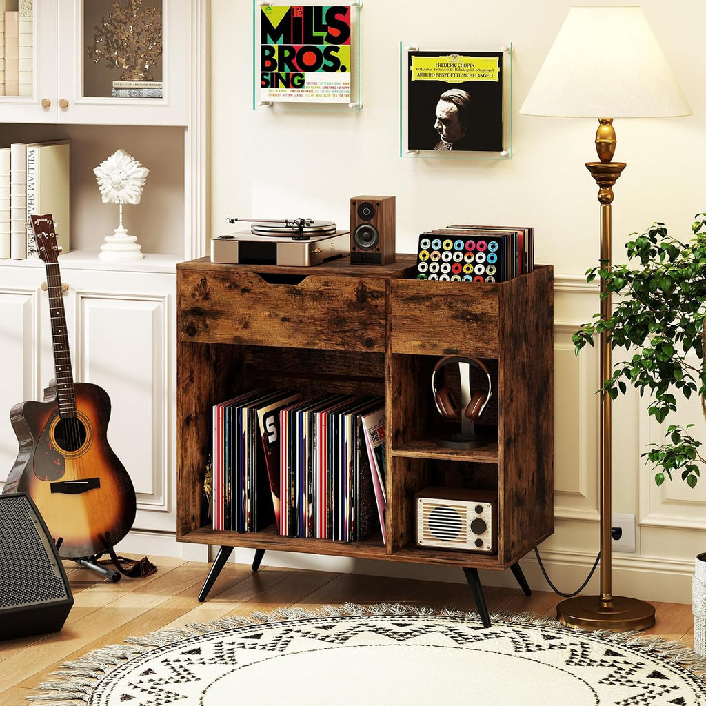 Giantex Large Record Player Stand with Charging Station, Mid Century Turntable Stand Holds Up to 300 Albums, Record Player Table w/Drawer & Display Shelf, Vinyl Record Storage for Living Room, Brown