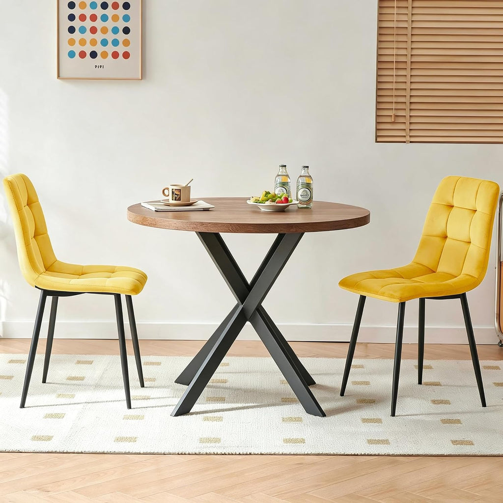 Homedot Small Dining Table Set for 2,37-in Round Kitchen Table Chairs Set Space Saving, Rustic Brown Breakfast Nook Dinner Table with Yellow Dining Room Side Chairs Upholstered for Dining Hall